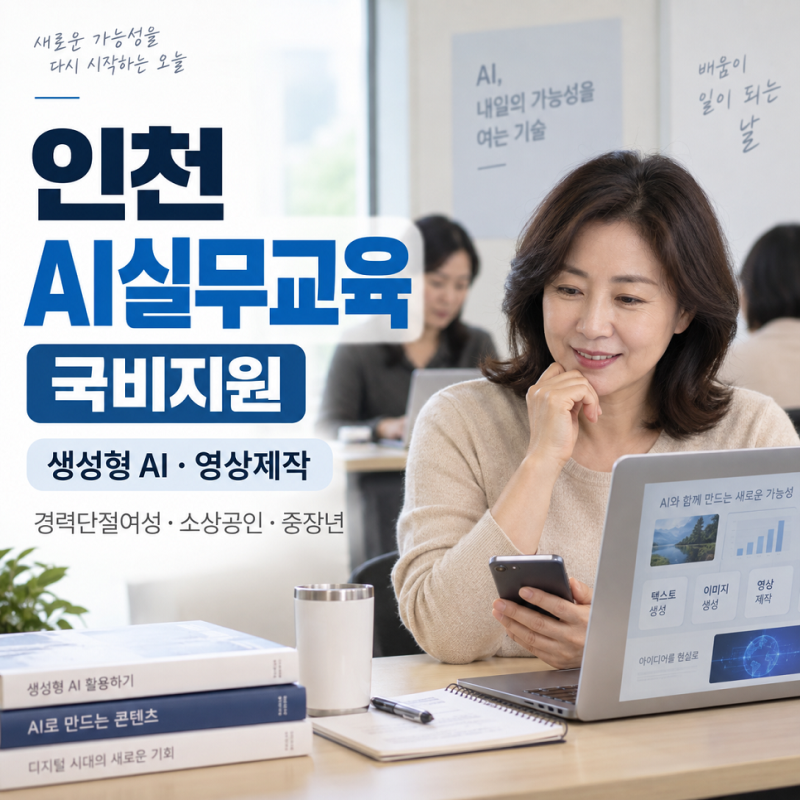 인천 AI실무교육 국비지원, 경력단절여성·소상공인·중장년도 생성형 AI부터 영상제작까지