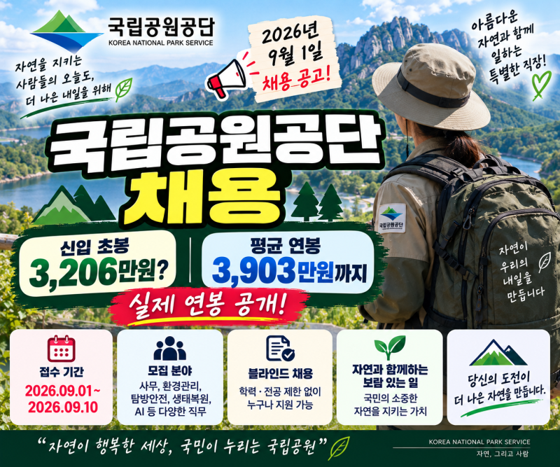 국립공원공단 채용, 신입초봉 3,206만원? 평균연봉 3,903만원까지 실제 연봉 공개