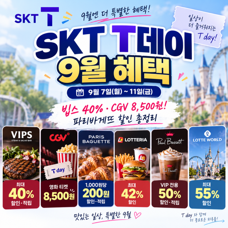 빕스 40%·CGV 8,500원! SKT T데이 9월 혜택 파리바게뜨 할인 총정리