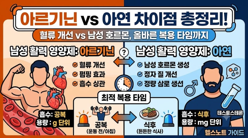 남성 피로와 활력을 위한 아르기닌 vs 아연 차이점: 혈류 개선과 남성 호르몬 생성을 위한 최....