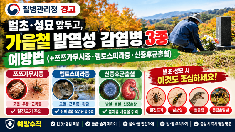 [질병관리청 경고] 벌초·성묘 앞두고 , 가을철 발열성 감염병 3종 예방법(+쯔쯔가무시증·렙....