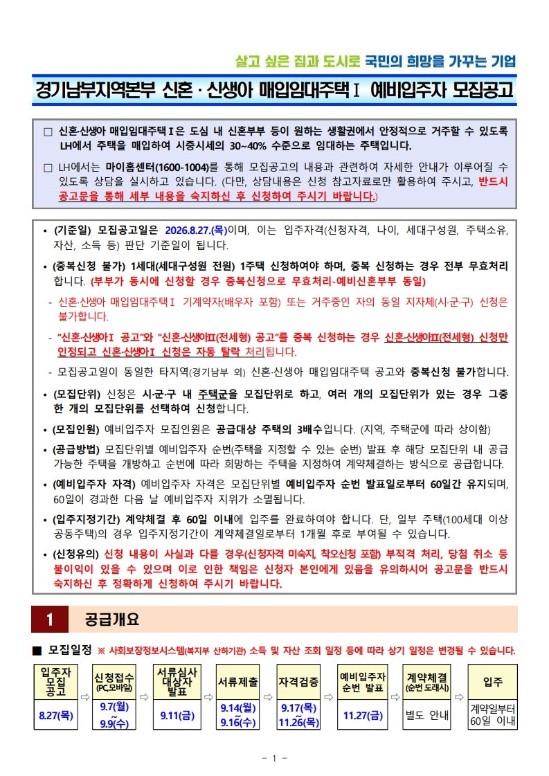 경기 남부 신혼·신생아 매입임대(수원, 화성, 안산 등) 9월 9일까지 접수