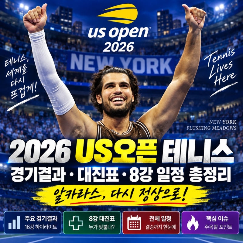 2026 US오픈 테니스 대진표 8강 일정 경기결과 총정리, 알카라스 사발렌카 우승 도전