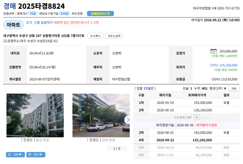 대구 수성구 상동청구타운 아파트 경매 1억 3천만원대 2025타경8824 사진 3