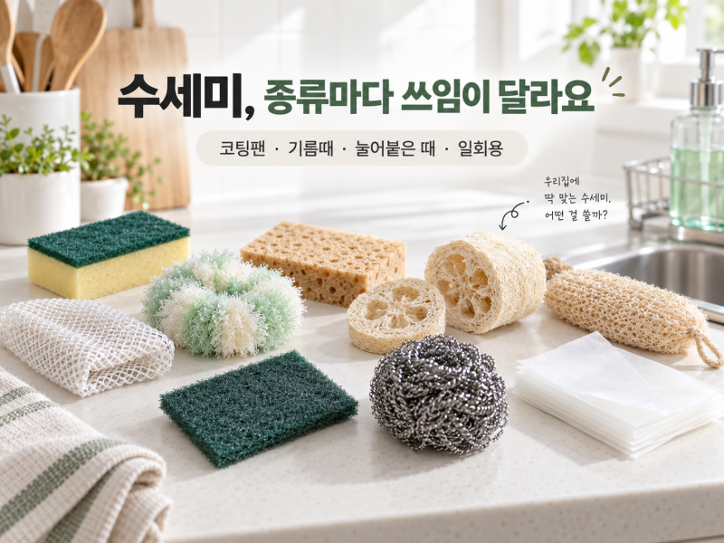 수세미 종류별 장단점｜코팅팬·기름때·일회용까지 용도별 선택법