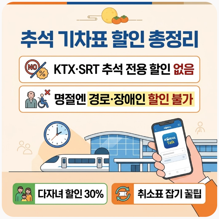 추석 기차표 할인 총정리, KTX·SRT 경로우대·장애인·다자녀 할인부터 취소표 잡는 법까지