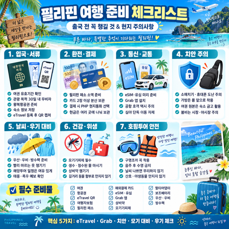 2026 필리핀 여행 준비물 총정리｜eTravel부터 환전·Grab·치안·우기 주의사항까지