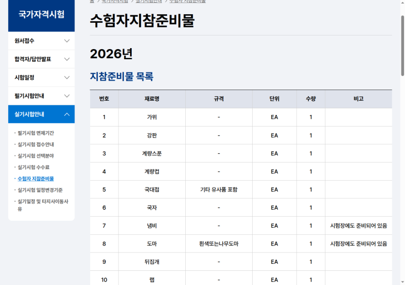 한식조리기능사 실기 준비물 35가지, 이 중 3가지는 시험장에 있습니다