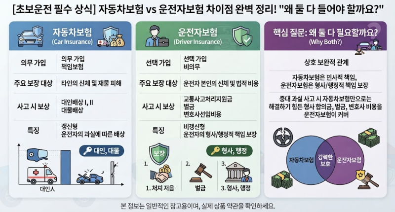 [초보운전 필수 상식] 자동차보험 vs 운전자보험 차이점 완벽 정리! "왜 둘 다 들어야 할까요?"