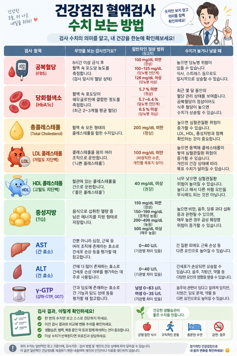 건강검진 혈액검사 수치 보는 방법, 공복혈당·콜레스테롤·간수치 쉽게 알아보기