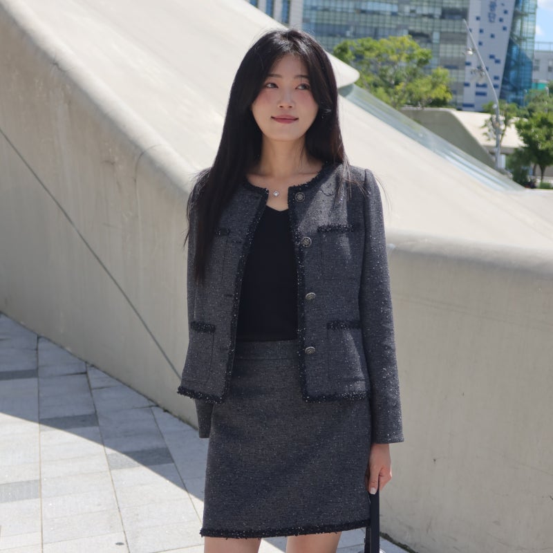 결혼식 하객룩 투피스 추천 잇미샤 트위드 자켓 미니스커트 가을출근룩