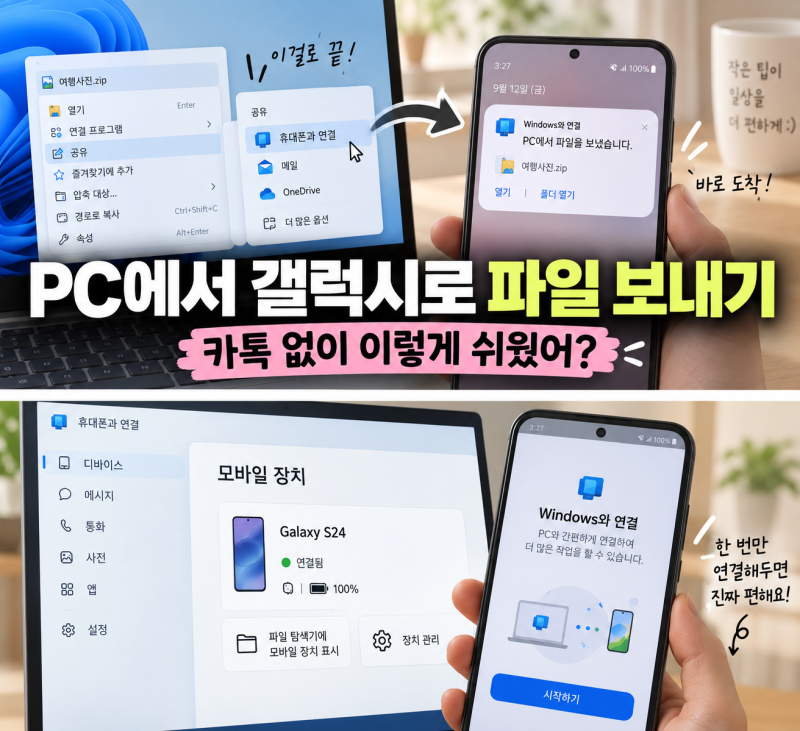 PC에서 갤럭시로 파일 옮기는 방법｜카톡 없이 ‘휴대폰과 연결’로 사진·PDF 바로 전송하기