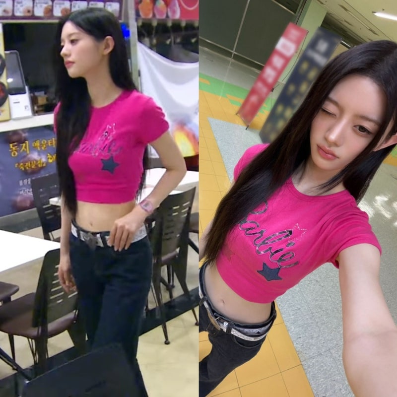 텐미닛 커버한 핫걸 아일릿 민주의 바비 핑크 티셔츠와 청바지