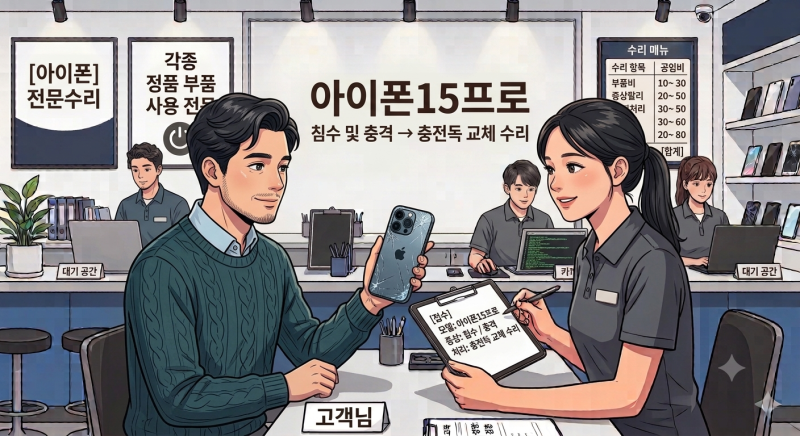 [아이폰충전독수리] 아이폰15프로 침수·충격으로 인한 충전 불량, USB-C 충전독 정밀 교체 수....
