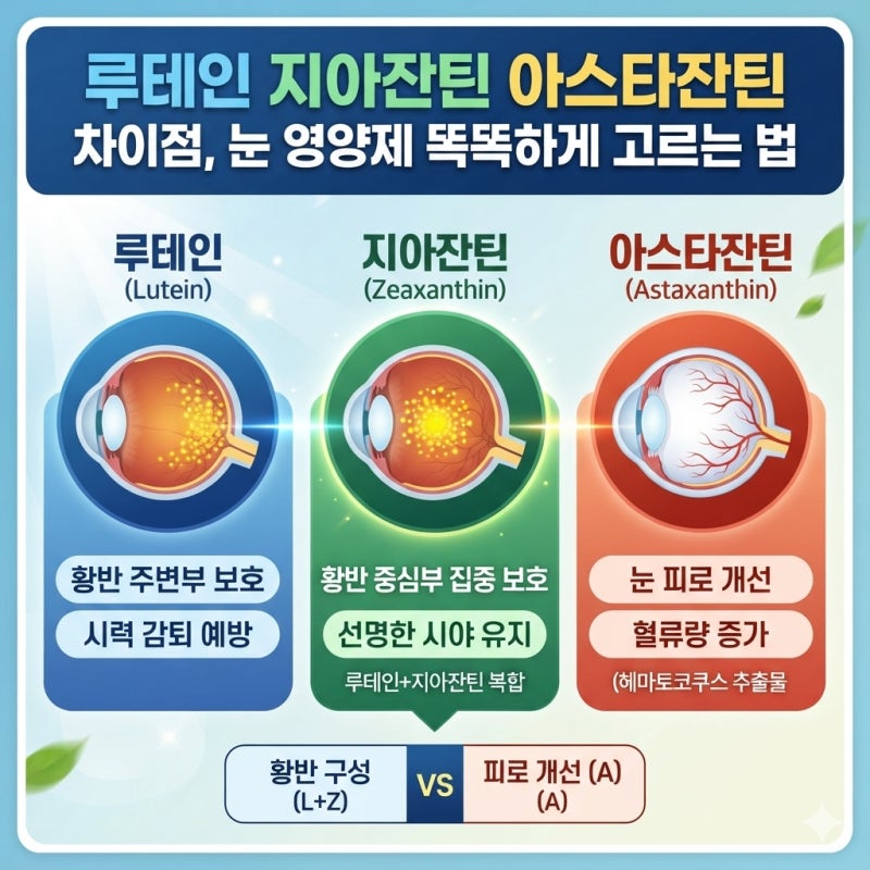 모르고 먹으면 돈 낭비! 루테인,지아잔틴,아스타잔틴 차이점 총정리.눈 영양제 똑똑하게 고....