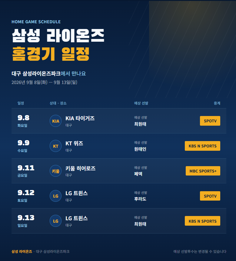 9월 2주차 삼성라이온즈 경기 일정