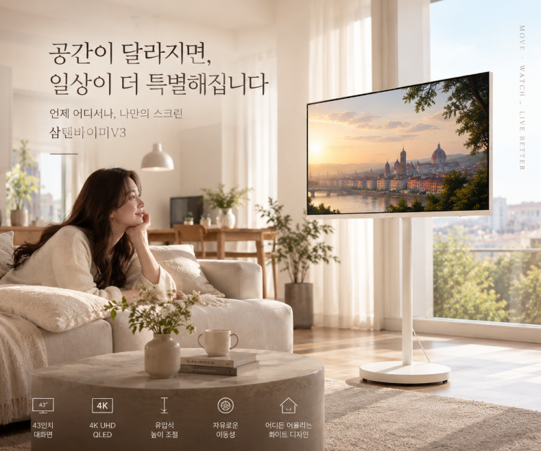 벽걸이 TV 대신 선택한 이동식TV? 삼탠바이미 와이드무빙뷰 43인치 QLED