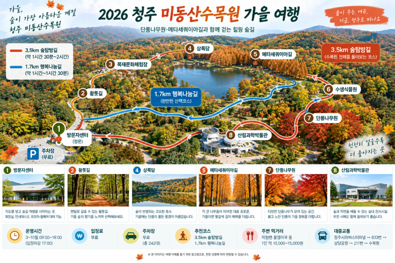 청주 미동산수목원 가을여행｜단풍나무원·메타세쿼이아길 추천코스