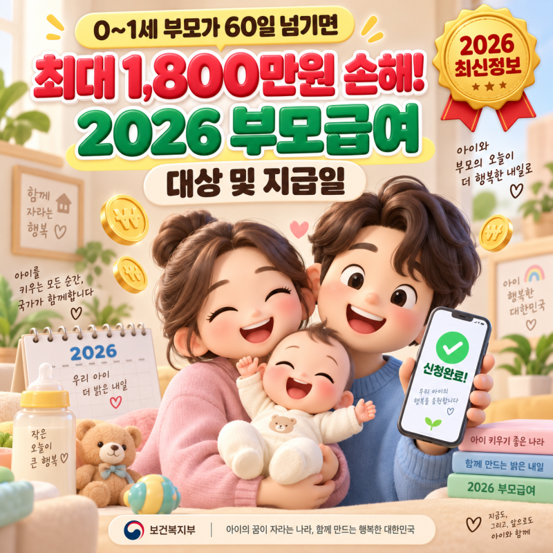 0~1세 부모가 60일 넘기면 최대 1,800만원 손해! 2026 부모급여 대상 및 지급일