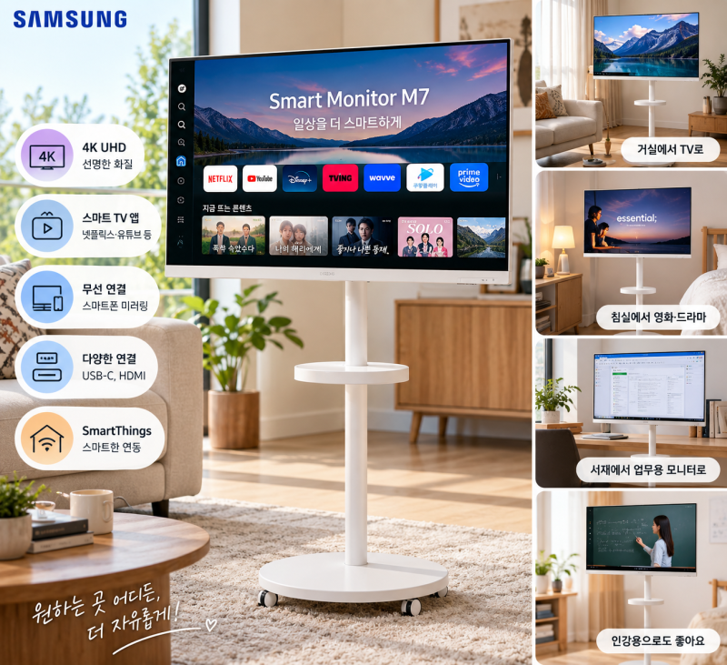 삼성 스마트모니터 M7 M70F 32인치 4K, 이동식 TV·모니터로 좋은 이유