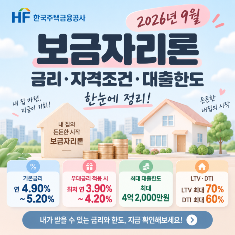 보금자리론 금리 4.90%부터, 2026년 9월 한도·소득조건 총정리