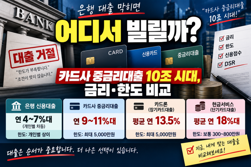 은행 대출 막히면 어디서 빌릴까? 카드사 중금리대출 10조 시대, 금리·한도 비교