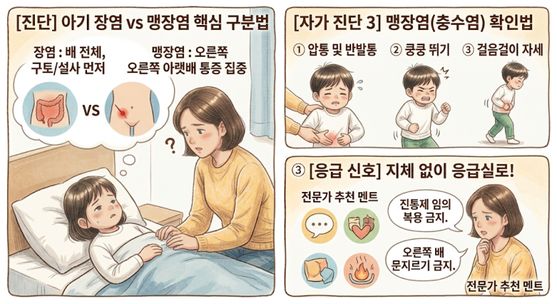 아기 오른쪽 아랫배 통증: 단순 장염일까, 맹장염(충수염)일까? 전문가 구분법과 응급 신호