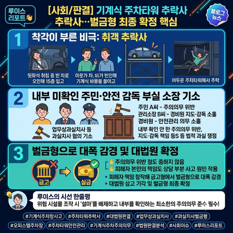 [사회/판결] 뒷좌석 취객 못 보고 주차타워 올려 추락사…이웃주민·관리소장 벌금형 확정 판....