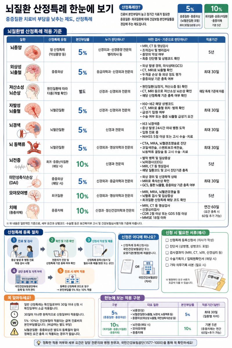 산정특례 대상자 본인부담률 5%와 진단비 예시 실제 금액으로 적용 알려줘. 질환 분야별