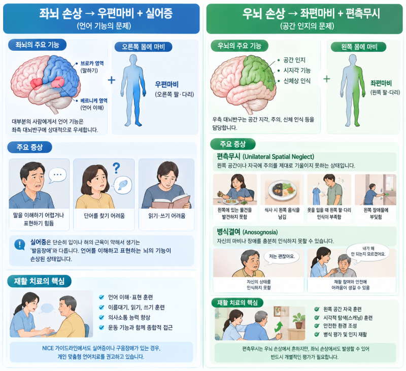 뇌졸중 편마비, 왜 좌우에 따라 증상과 재활이 다를까?좌뇌 손상과 우뇌 손상의 차이를 해부....