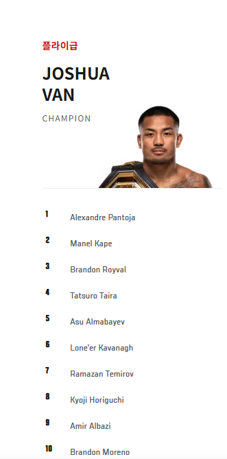 UFC 플라이급 랭킹 순위 / 조슈아 반 챔피언과 알렉산더 판토자 경기 예측