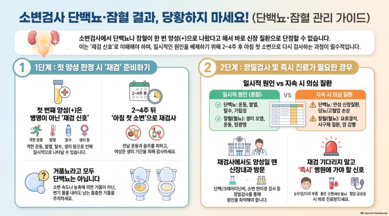 소변검사 단백뇨·잠혈 나왔다면 — 재검부터, 콩팥병은 그다음 얘기입니다