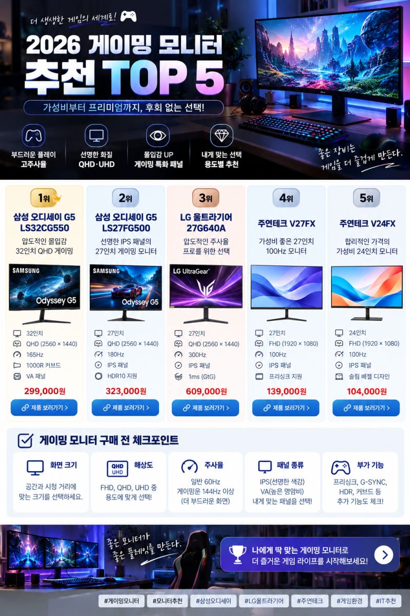 게이밍 모니터 추천 TOP 5｜10만원대 가성비부터 QHD 300Hz까지 비교