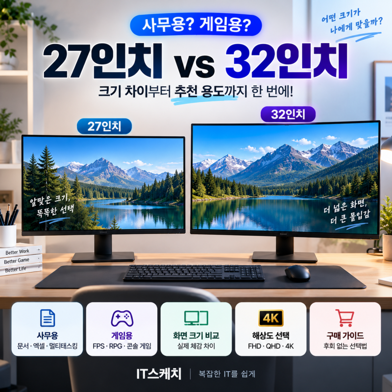 27인치 32인치 모니터 차이,사무용·게임용으로 어떤 크기가 좋을까?