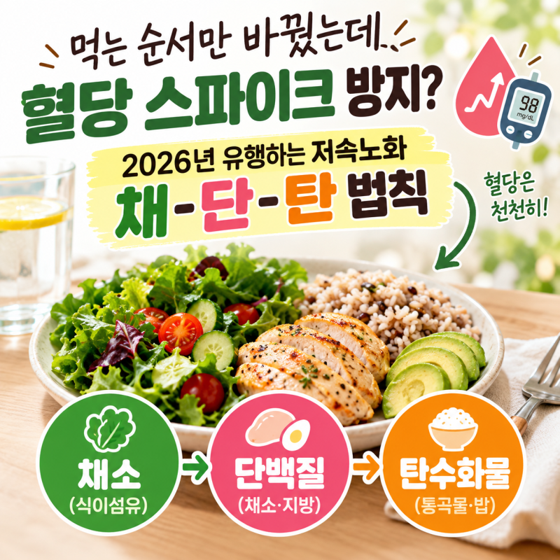 먹는 순서만 바꿨는데 혈당 스파이크 방지 2026년 유행하는 저속노화 채-단-탄 법칙
