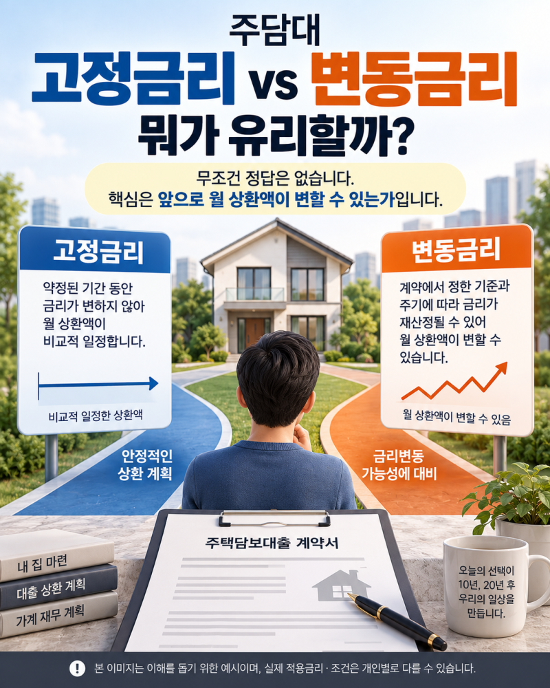 주담대 고정금리 vs 변동금리, 뭐가 유리할까?｜3억원·30년 4.0%→4.5%면 월 8만8천원 차이