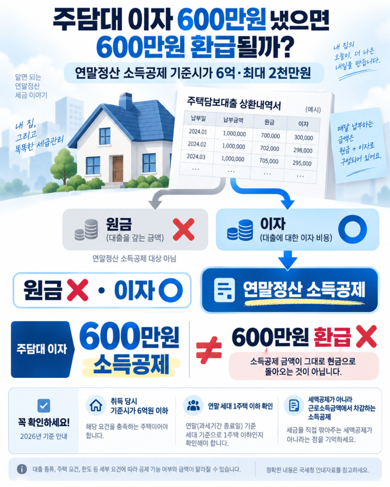 주담대 이자 600만원 냈으면 600만원 환급될까?｜연말정산 소득공제 기준시가 6억·최대 2천만....