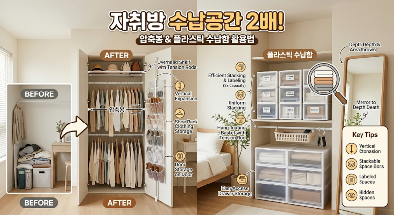 자취방 수납공간 2배로 넓히는 압축봉과 플라스틱 수납함 활용법