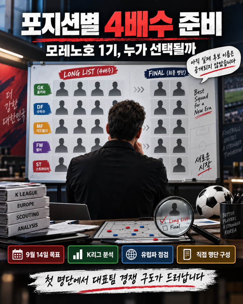 모레노호 1기 명단 14일 발표, 포지션별 4배수 준비…K리그 깜짝 발탁 나올까