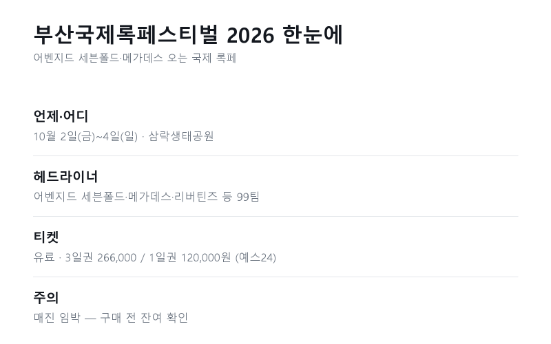 부산국제록페스티벌 2026 — 어벤지드 세븐폴드·메가데스 라인업과 티켓·가는 법