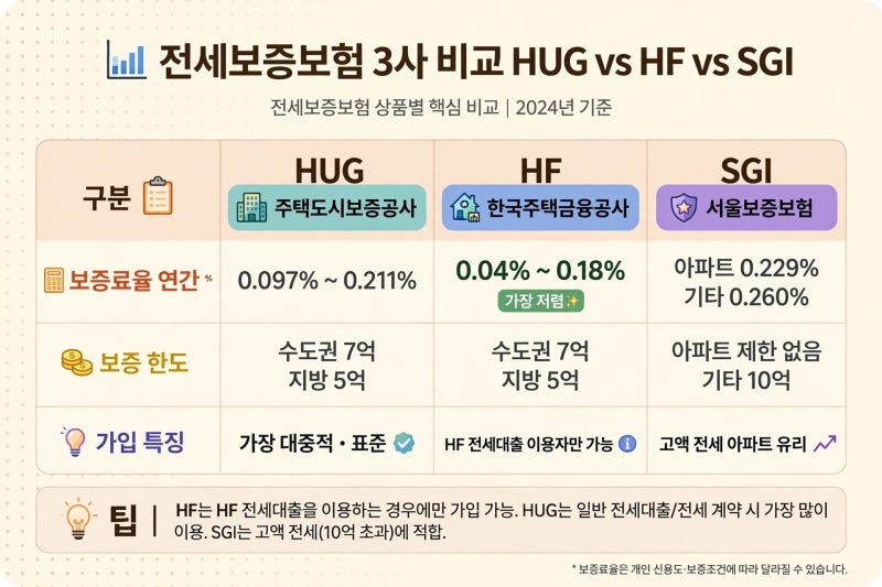 내 전세금 지키는 전세보증보험료 3사 비교 HUG vs HF vs SGI, 보증료율 0.04%부터 0.26%까지 6배 차....