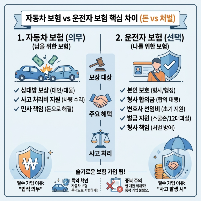 자동차 보험과 운전자 보험, 보장 내용 및 핵심 차이점 정리