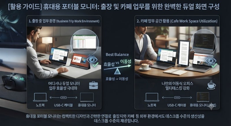 휴대용 포터블 모니터 출장 및 카페 업무 듀얼 화면 활용법