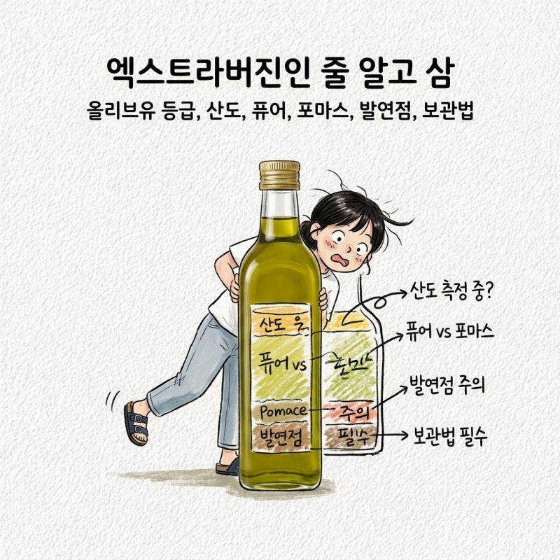 엑스트라버진인 줄 알고 삼 올리브유 등급 산도 퓨어 포마스 발연점 보관법