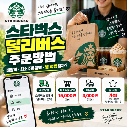 스타벅스 딜리버스 주문방법, 배달비·최소주문금액·별 적립될까?