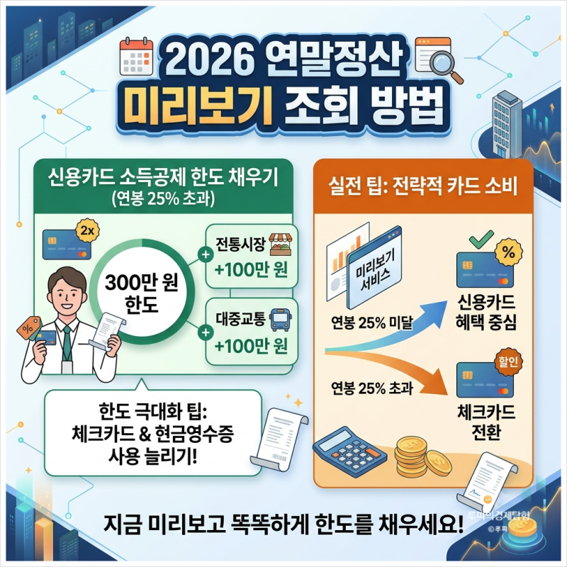 2026 연말정산 미리보기 조회 방법 신용카드 소득공제 한도 채우는 실전 팁