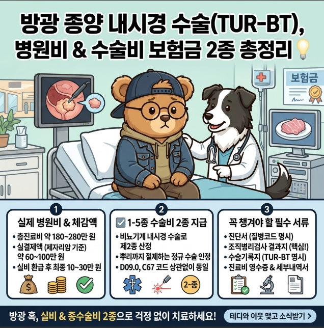 [1-5종 수술비] 방광 종양 TUR-BT 요도 내시경 수술 D09.0 코드 2종 분류 & 실제 병원비 총정리