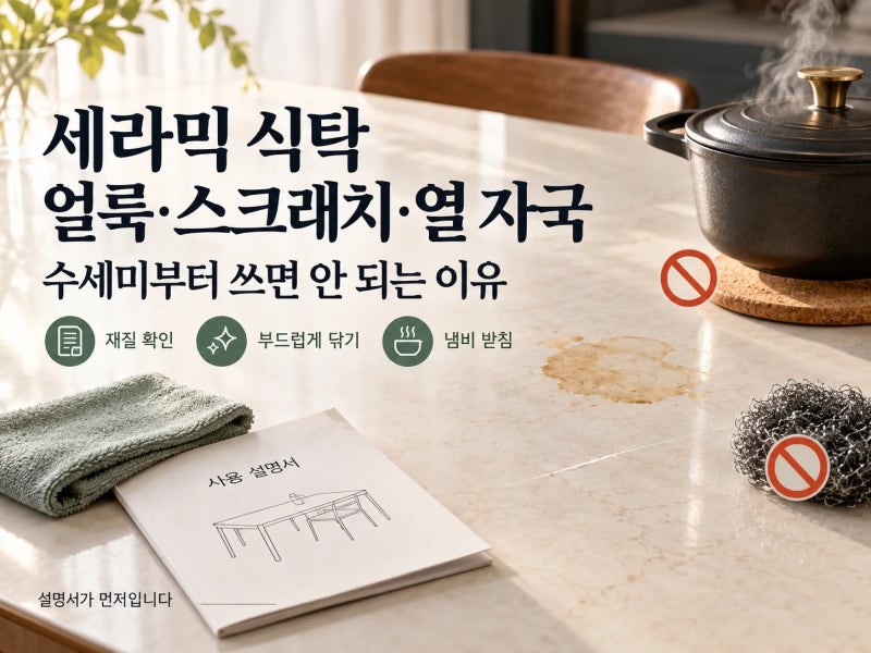 세라믹 식탁 얼룩, 수세미로 밀기 전 상판부터 확인하세요