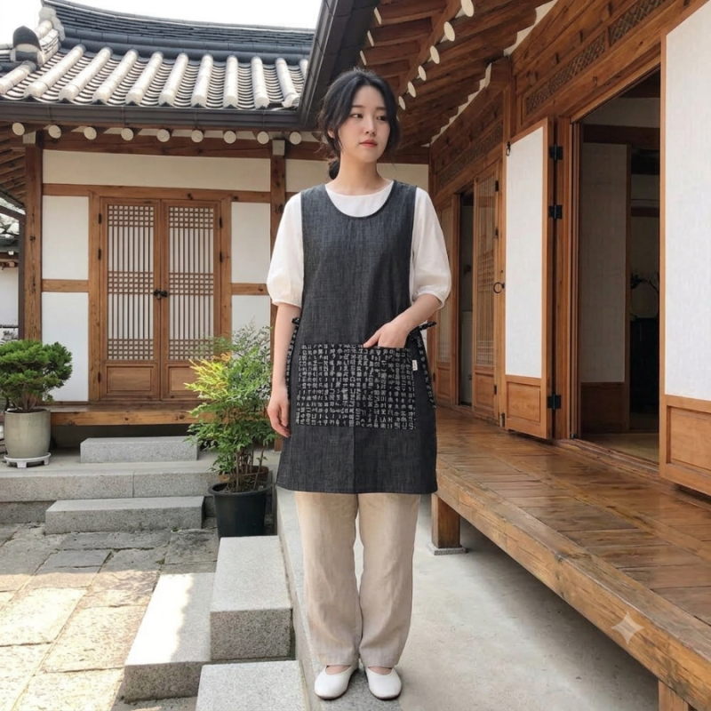 [맞춤제작 가능] 가볍고 쾌적한 '빅사이즈 블랙 청지 한복 앞치마' - 짧은 80cm 길이로 더 편안....