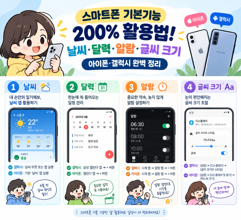 스마트폰 날씨·달력·알람·글씨 크기 아이폰·갤럭시 완벽 정리(스마트폰 기본기능 활용법!)
